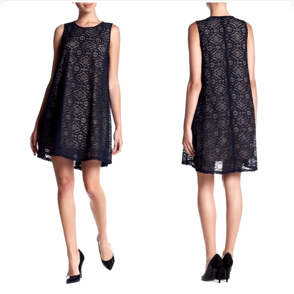 Sharagano Trap Lace A-Line Dress. Size 10. Navy/Nude. Flirty trapeze style.